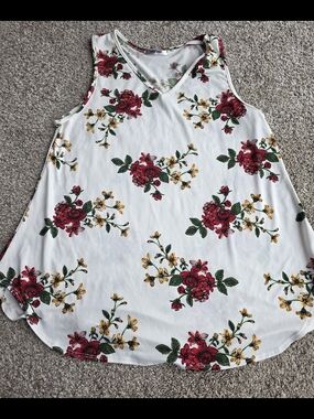 V-Neck Floral Tank Top - White with Red & Yellow Blooms